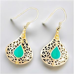 Vintage Brass & Green Teardrop Earrings